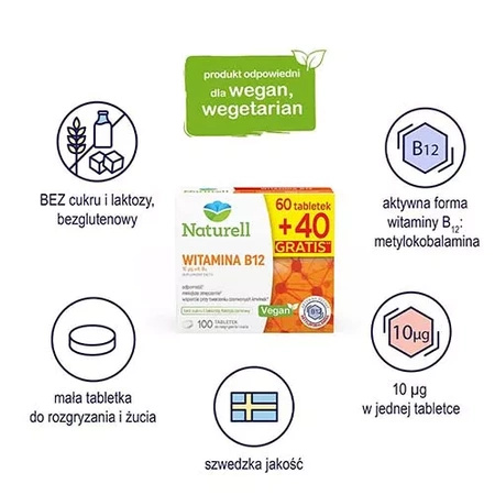 NATURELL Witamina B12 tabletki do rozgryzania i żucia, 100 sztuk (60+40 gratis)