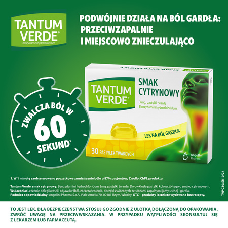 TANTUM VERDE cytrynowy, 3 mg, lek na ból gardła i stany zapalne jamy ustnej x 30 pastylek do ssania