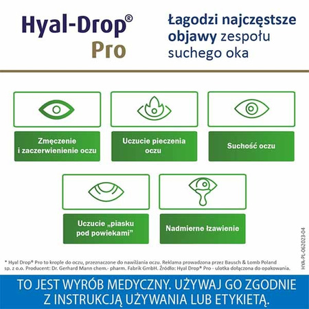 Hyal-Drop Pro, nawilżające krople do oczu, 10 ml