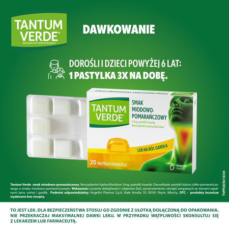 TANTUM VERDE miodowo-pomarańczowy, 3 mg, lek na ból gardła i stany zapalne x 20 pastylek do ssania