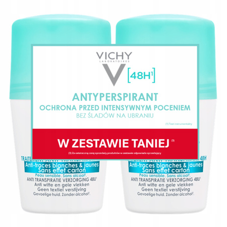 Vichy Antyperspirant przeciw śladom [48h] DUO - Antyperspirant roll-on przeciw intensywnemu poceniu, duopack 2x50ml