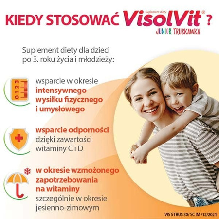 VISOLVIT JUNIOR Truskawka dla dzieci po 3 r.ż., musujący proszek o smaku truskawkowym x 30 saszetek DATA WAŻNOŚCI 12.2024r.  