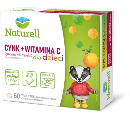 Naturell Cynk + Witamina C dla dzieci, tabletki do rozgryzania i żucia, 60 sztuk