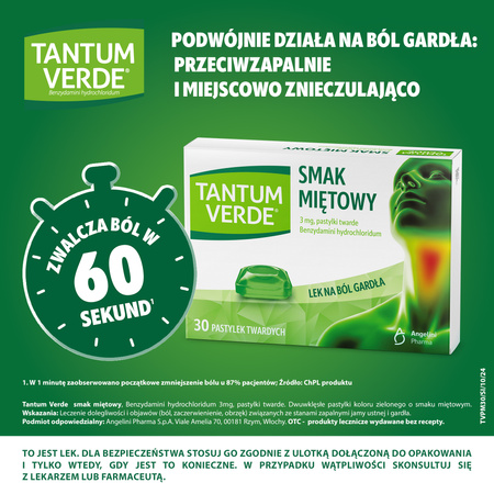 Tantum Verde pastylki do ssania 3mg - smak miętowy, 30 sztuk