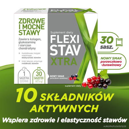 FlexiStav Xtra saszetki na zdrowe i mocne stawy, o smaku porzeczkowo-żurawinowym, 30 sztuk DATA WAŻNOŚCI 28.02.2026