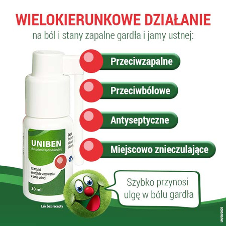 Uniben aerozol - Lek z benzydaminą na ostre stany zapalne i ból gardła i jamy ustnej, 30ml