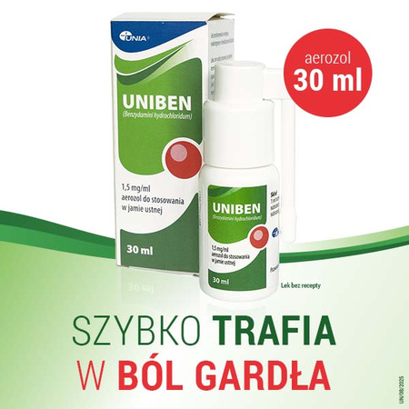 Uniben aerozol - Lek z benzydaminą na ostre stany zapalne i ból gardła i jamy ustnej, 30ml