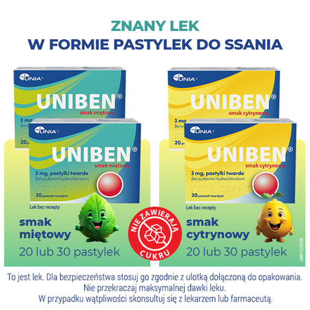 Uniben – pastylki do ssania z benzydaminą na stany zapalne i ból gardła i jamy ustnej, smak cytrynowy, 30 sztuk