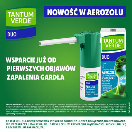 Tantum Verde Duo (1,5 mg/ml + 5 mg/ml) - Aerozol do stosowania w jamie ustnej, 15ml