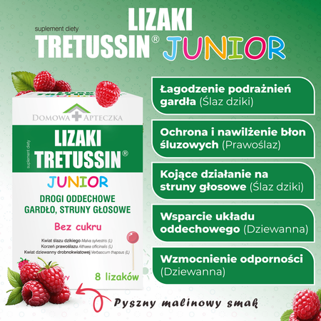 Tretussin Junior Lizaki o smaku malinowym, 8 sztuk DATA WAŻNOŚCI 11.2025r.