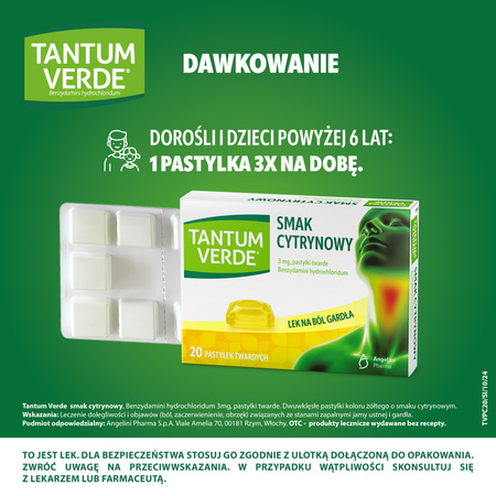 TANTUM VERDE cytrynowy, 3 mg, lek na ból gardła i stany zapalne jamy ustnej x 20 pastylek do ssania