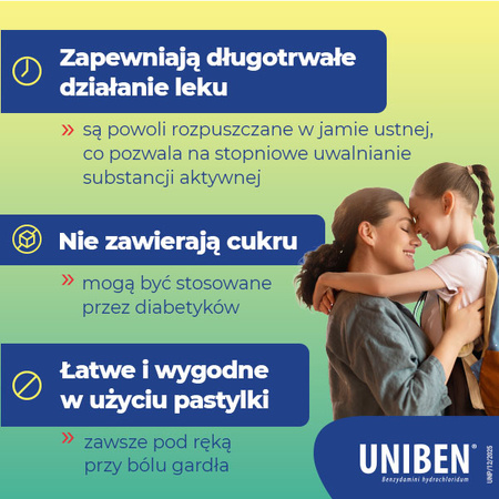 Uniben – pastylki do ssania z benzydaminą na stany zapalne i ból gardła i jamy ustnej, smak miętowy, 20 sztuk