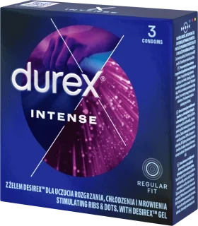 Durex Intense prezerwatywy z prążkami, wypustkami oraz stymulującym żelem, 3 sztuki