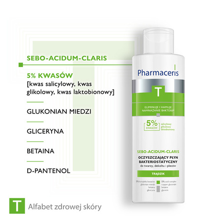 Pharmaceris T Sebo-Acidum-Claris, Oczyszczający płyn bakteriostatyczny do twarzy, dekoltu i pleców, 190ml