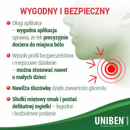 Uniben aerozol - Lek z benzydaminą na ostre stany zapalne i ból gardła i jamy ustnej, 30ml