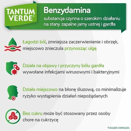 TANTUM VERDE miętowy, 3mg, lek na ból gardła i stany zapalne jamy ustnej x 20 pastylek do ssania