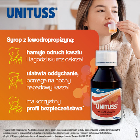 Unituss – syrop na suchy kaszel dla dorosłych i dzieci od 2. roku życia, 60mg/10ml, 120ml