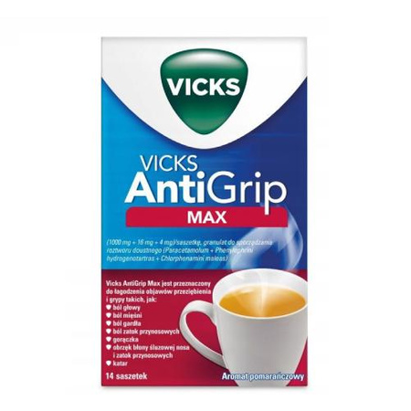 Vicks AntiGrip Max (1g+0,016g+4mg) granulat do sporządzania roztworu doustnego, 14 saszetek