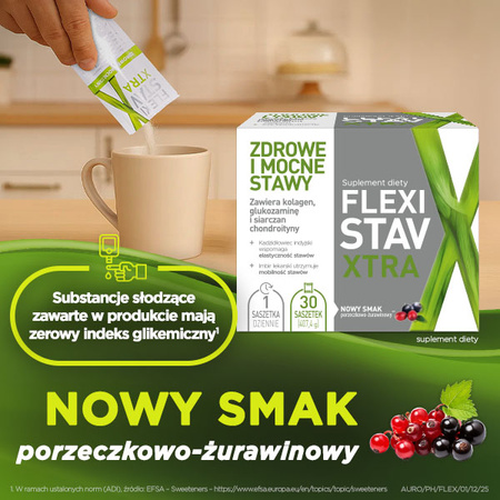 FlexiStav Xtra saszetki na zdrowe i mocne stawy, o smaku porzeczkowo-żurawinowym, 30 sztuk