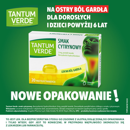 TANTUM VERDE cytrynowy, 3 mg, lek na ból gardła i stany zapalne jamy ustnej x 20 pastylek do ssania