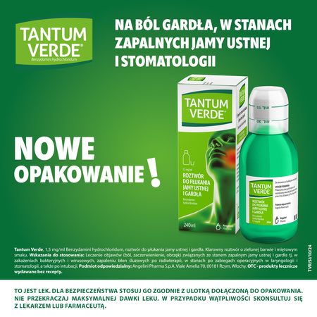 TANTUM VERDE płyn 1,5 mg/ml, lek, roztwór do płukania jamy ustnej i gardła x 240 ml