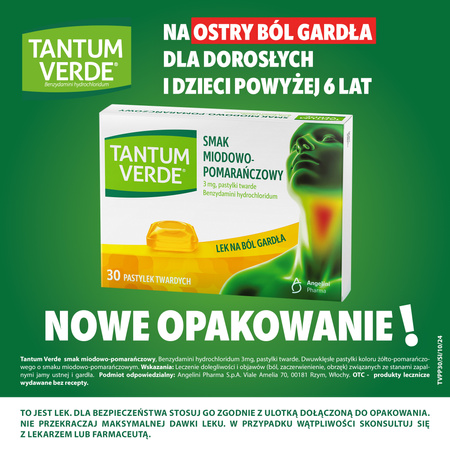 TANTUM VERDE miodowo-pomarańczowy, 3mg, lek na ból gardła i stany zapalne x 30 pastylek do ssania