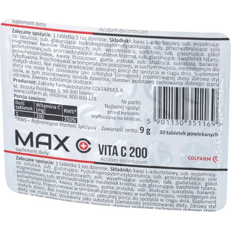 Witamina C - Max Vita C 200mg, tabletki powlekane, 30 sztuk Colfarm