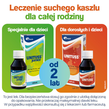 Unituss Junior – syrop na suchy kaszel dla dzieci od 2. roku życia, 60mg/10ml, 120ml DATA WAŻNOŚCI 28.02.2026