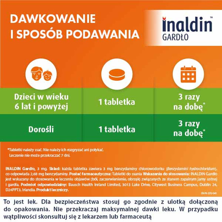 Inaldin Gardło 3mg tabl. do ssania, 20 tabletek DATA WAŻNOŚCI 09.2024r.