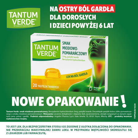 TANTUM VERDE miodowo-pomarańczowy, 3 mg, lek na ból gardła i stany zapalne x 20 pastylek do ssania