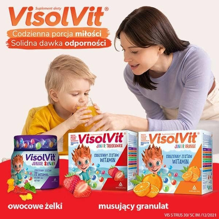 VISOLVIT JUNIOR Truskawka dla dzieci po 3 r.ż., musujący proszek o smaku truskawkowym x 30 saszetek DATA WAŻNOŚCI 12.2024r.  