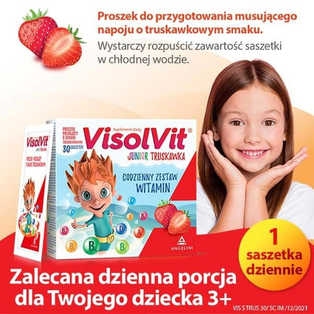 VISOLVIT JUNIOR Truskawka dla dzieci po 3 r.ż., musujący proszek o smaku truskawkowym x 30 saszetek DATA WAŻNOŚCI 12.2024r.  