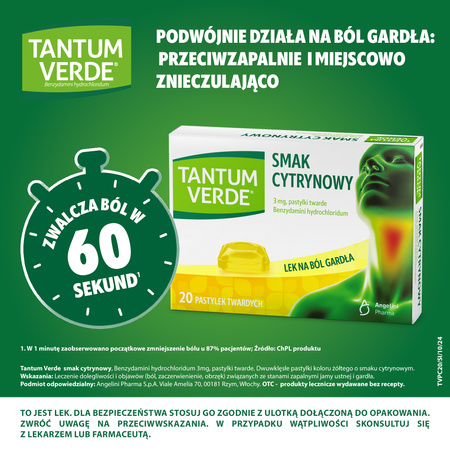 Tantum Verde pastylki do ssania 3mg - smak cytrynowy, 20 sztuk