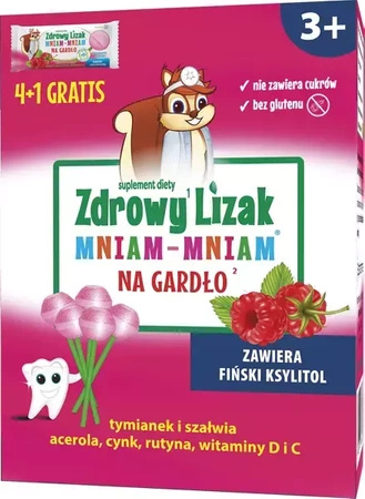 Zdrowy Lizak Mniam-Mniam Na Gardło, smak Malinowy BEZ CUKRU 4+1 gratis