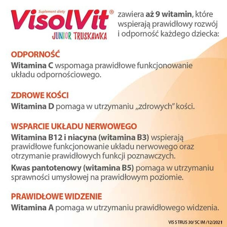 VISOLVIT JUNIOR Truskawka dla dzieci po 3 r.ż., musujący proszek o smaku truskawkowym x 30 saszetek DATA WAŻNOŚCI 12.2024r.  