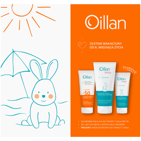 Oillan Zestaw Wakacyjny - Ochronna emulsja do twarzy i ciała z filtrem SPF50 100ml 100 ml + Żel 3w1 do mycia 200ml + Krem 75ml