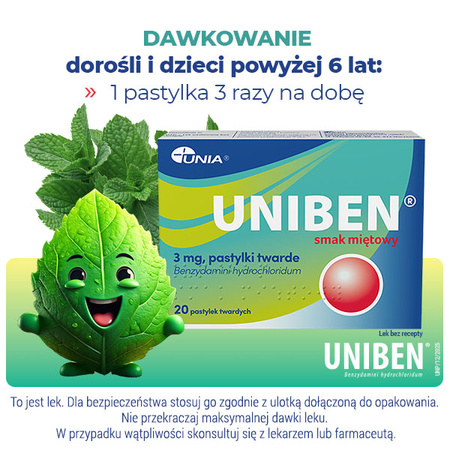 Uniben – pastylki do ssania z benzydaminą na stany zapalne i ból gardła i jamy ustnej, smak miętowy, 20 sztuk