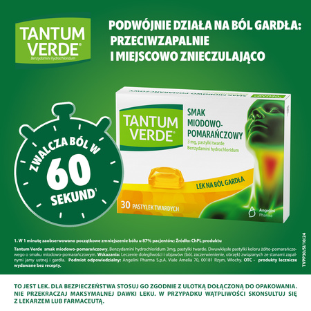 Tantum Verde pastylki do ssania 3mg - smak miodowo-pomarańczowy, 30 sztuk