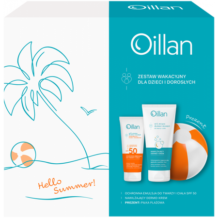 Oillan Zestaw Wakacyjny - Ochronna emulsja do twarzy i ciała z filtrem SPF50 100ml + Dermo-krem 200ml + piłka plażowa