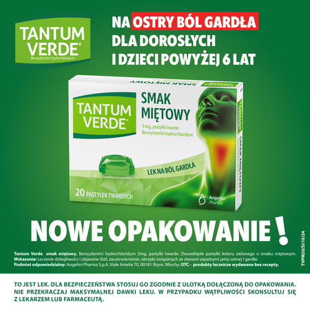 TANTUM VERDE miętowy, 3mg, lek na ból gardła i stany zapalne jamy ustnej x 20 pastylek do ssania