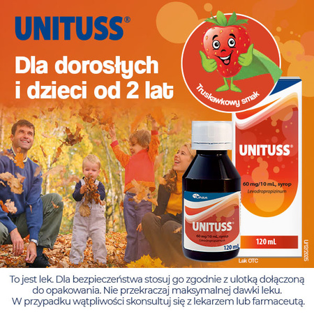 Unituss – syrop na suchy kaszel dla dorosłych i dzieci od 2. roku życia, 60mg/10ml, 120ml