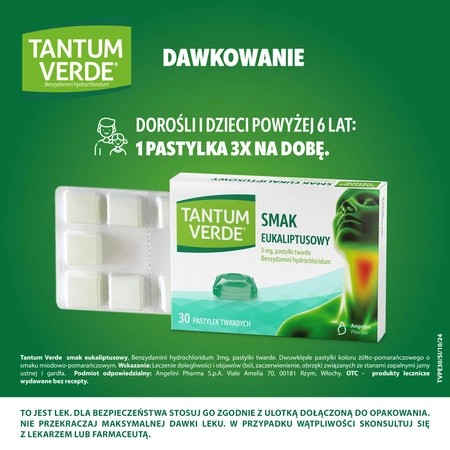 TANTUM VERDE eukaliptusowy 3mg, lek na ból gardła i stany zapalne jamy ustnej x30 pastylek do ssania