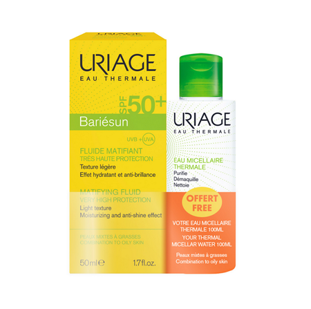 URIAGE BARIESUN Fluid matująco-nawilżający SPF 50+, 50ml +Woda micelarna 100ml