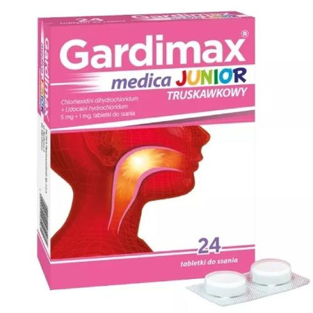 Gardimax Medica Junior (5 mg+1mg), tabletki do ssania o smaku truskawkowym, 24 sztuki  DATA WAŻNOŚCI 01.2025r.