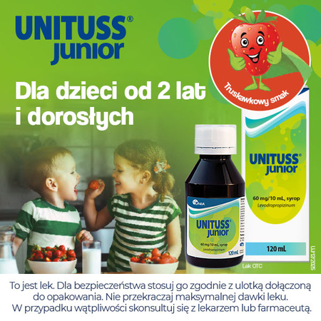 Unituss Junior – syrop na suchy kaszel dla dzieci od 2. roku życia, 60mg/10ml, 120ml DATA WAŻNOŚCI 28.02.2026