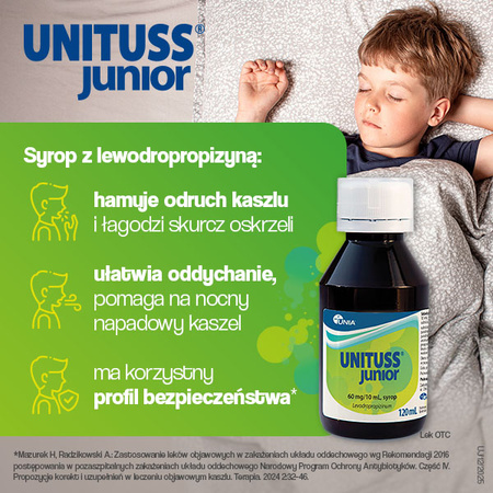 Unituss Junior – syrop na suchy kaszel dla dzieci od 2. roku życia, 60mg/10ml, 120ml DATA WAŻNOŚCI 28.02.2026