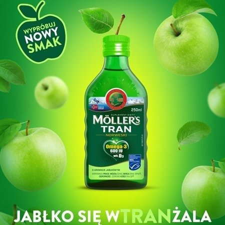 MOLLER'S TRAN NORWESKI płyn o smaku jabłkowym 250 ml  DATA WAŻNOŚCI 12.2024r.