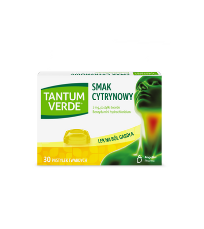 TANTUM VERDE cytrynowy, 3 mg, lek na ból gardła i stany zapalne jamy ustnej x 30 pastylek do ssania