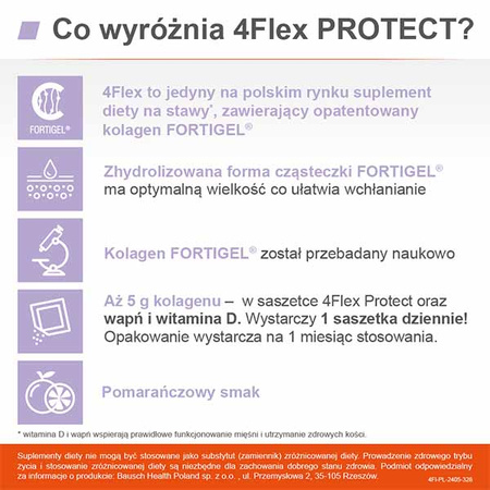 4 Flex 4 Flex Protect - Kolagen Fortigel® + wapń + witamina D, proszek w saszetkach, 30 sztuk