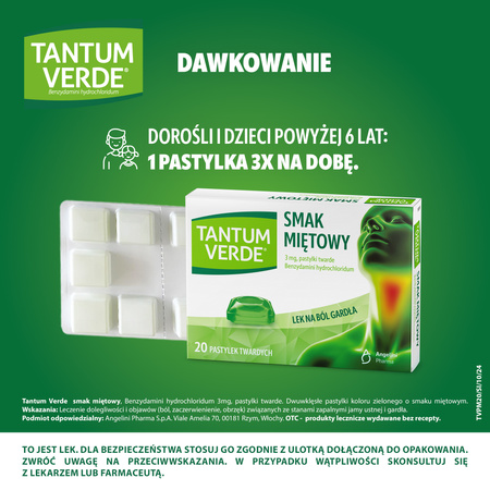 TANTUM VERDE miętowy, 3mg, lek na ból gardła i stany zapalne jamy ustnej x 20 pastylek do ssania